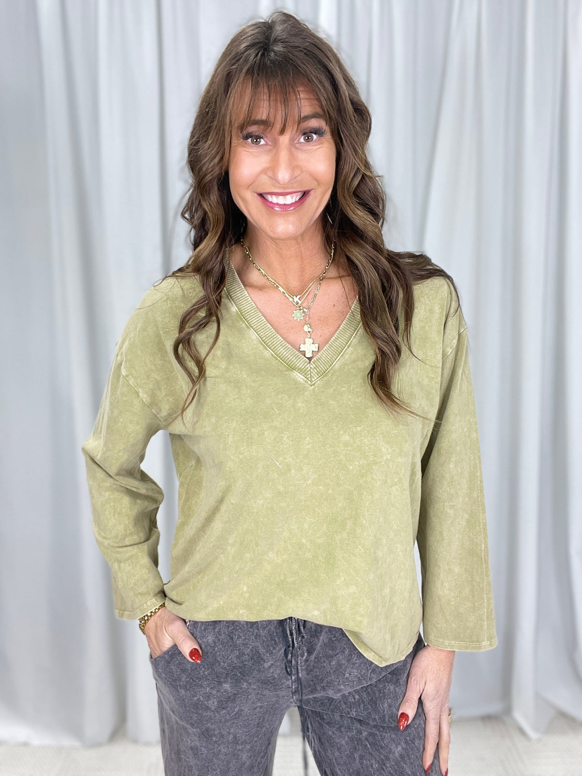 Down The Line V-Neck Long Sleeve Top In 11 Colors