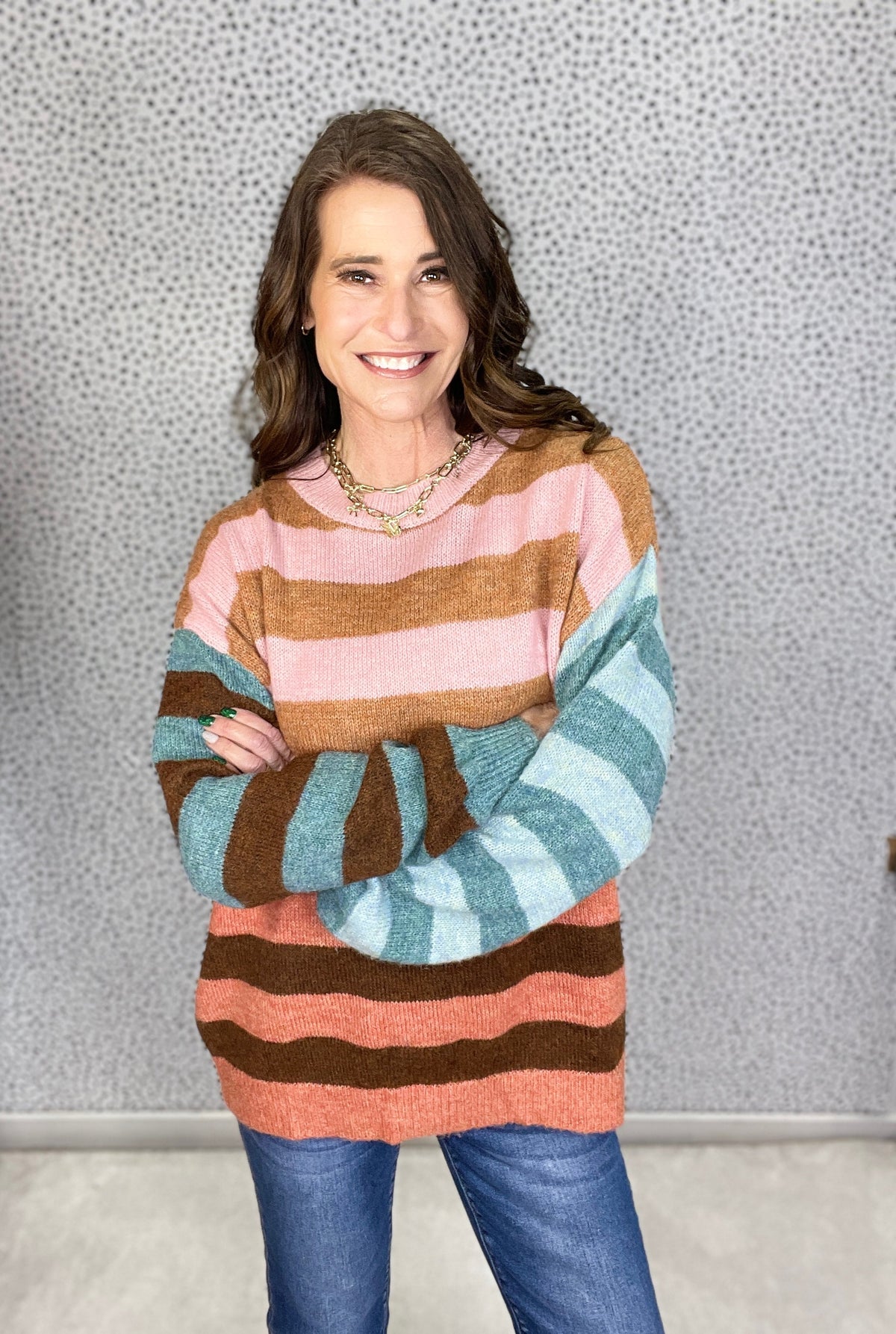 Desert Sunset Stripe Mix Knit Sweater In Pink Brown *Final Sale*