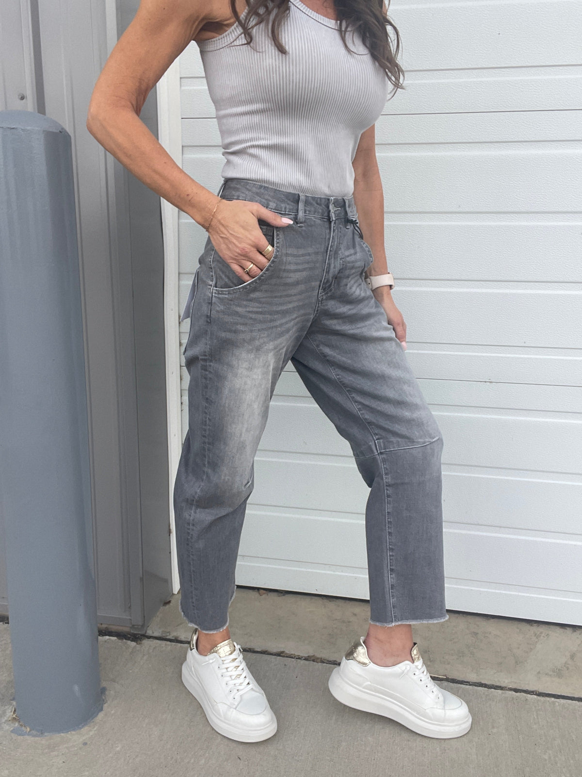 Mica Bailey Super High Barrel Leg Jeans 229 In Gray *Final Sale*