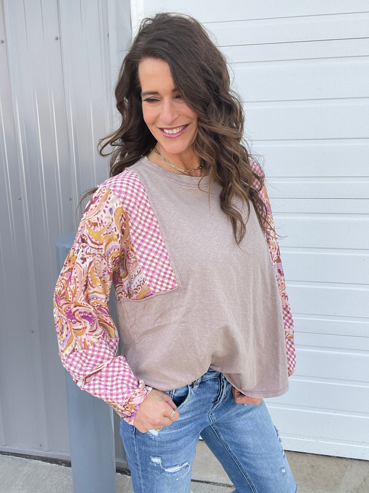 Show Me Around Mix Print Top In 5 Colors: Grey, Khaki, Camel, Olive, Mushroom *Final Sale*
