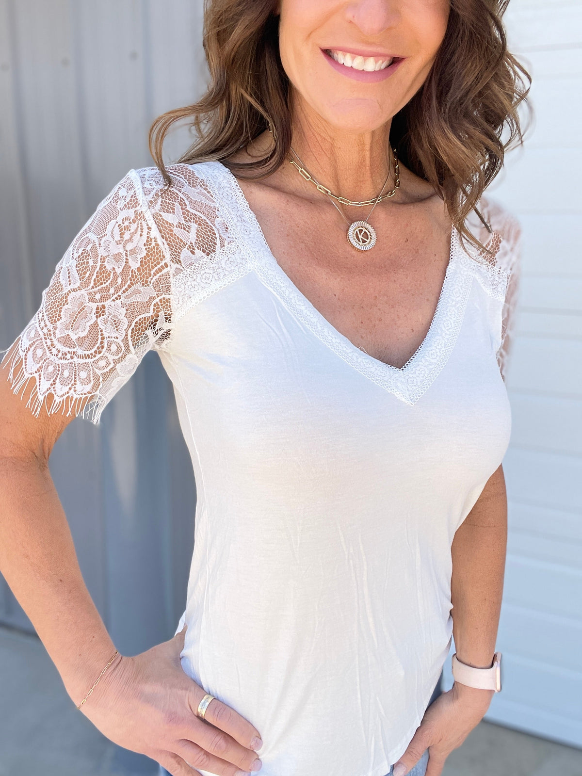 Pol Great Sweetness Lace Short Sleeve V Neck Knit Top In 4 Colors
