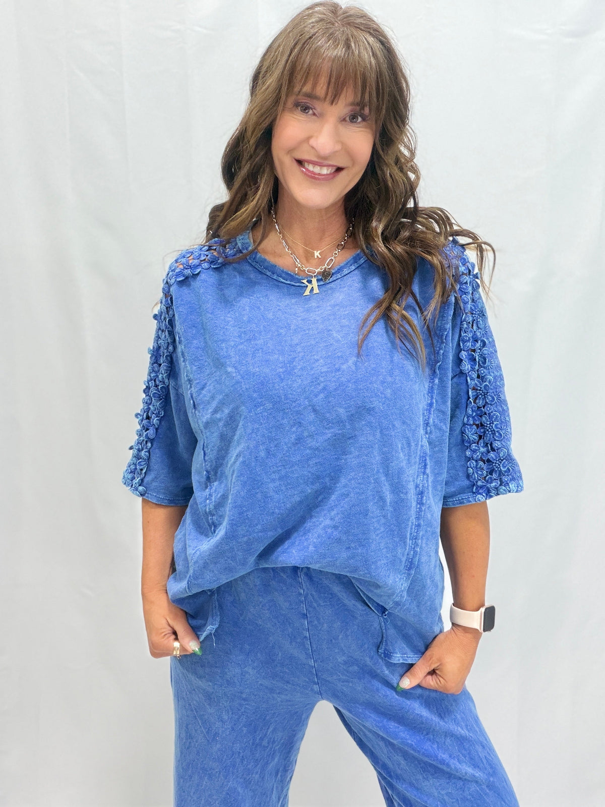 Petal Pusher Mineral Washed Flower Trim Lounge Top In 4 Colors