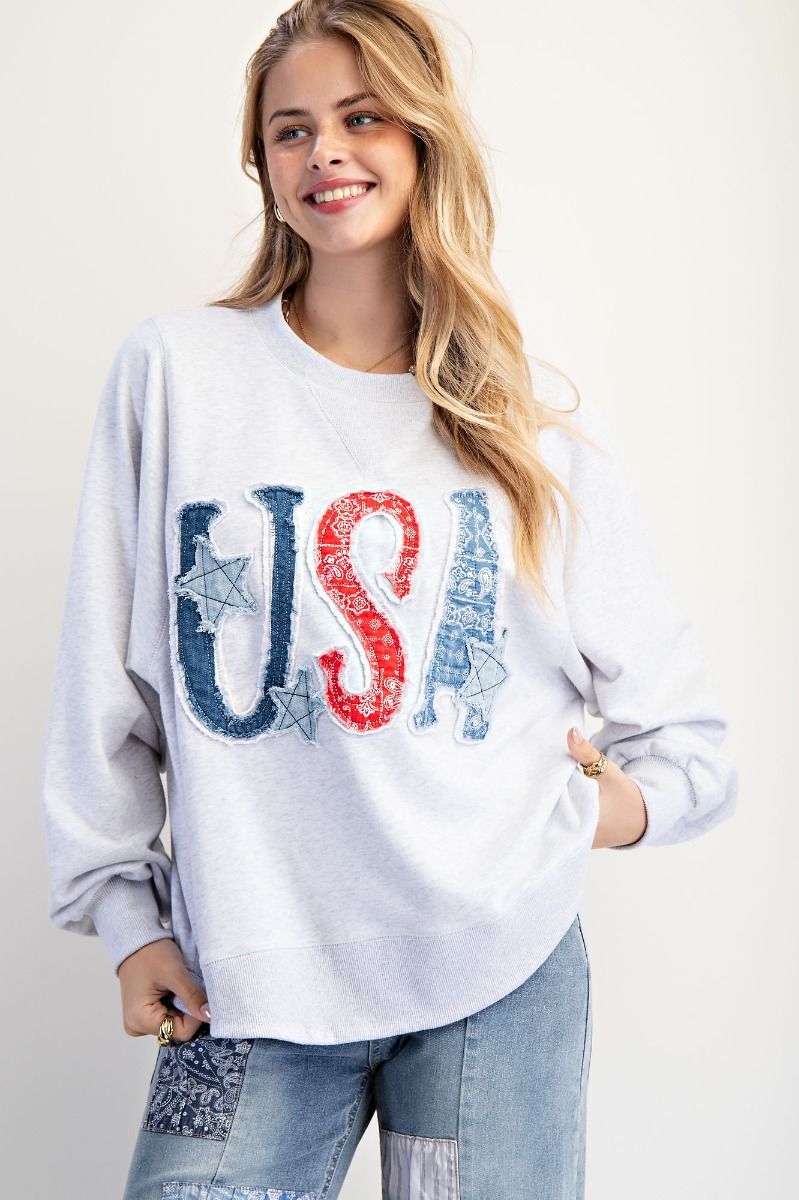Americana Patchwork Pullover In Grey