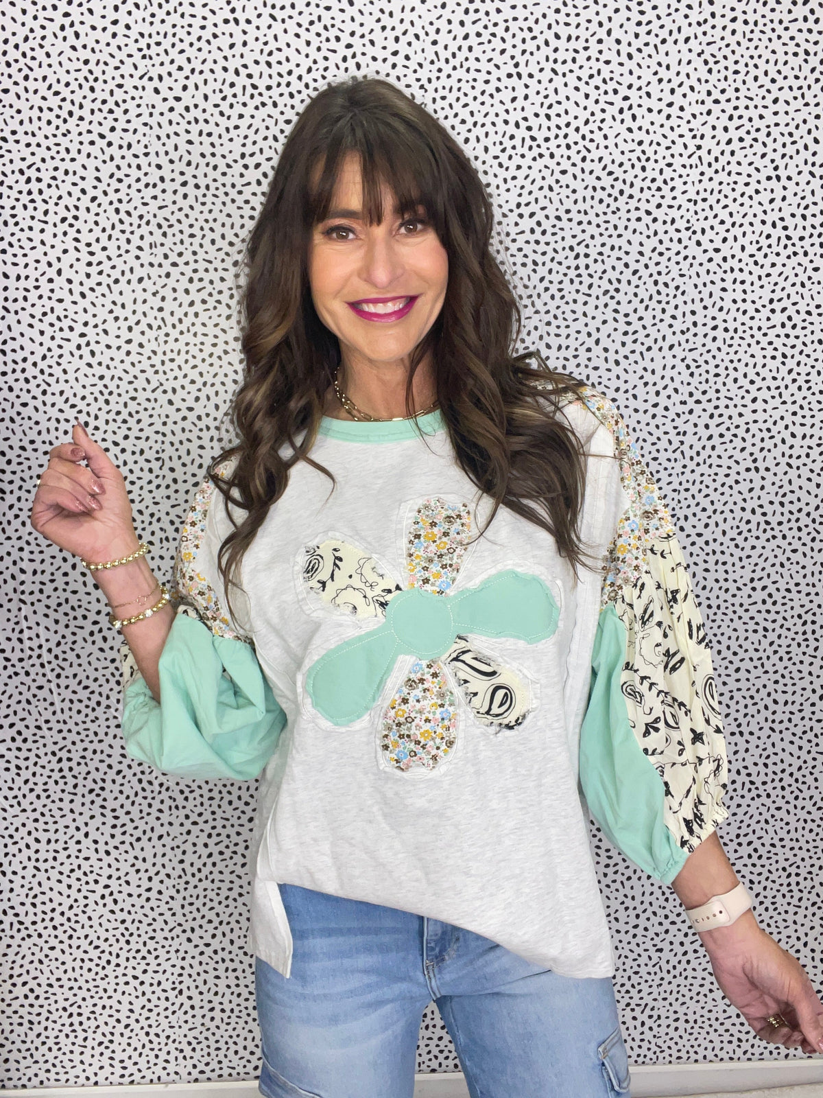 Floral Fusion Print Mix Flower Patch Soft Washed Knit Top In 3 Colors
