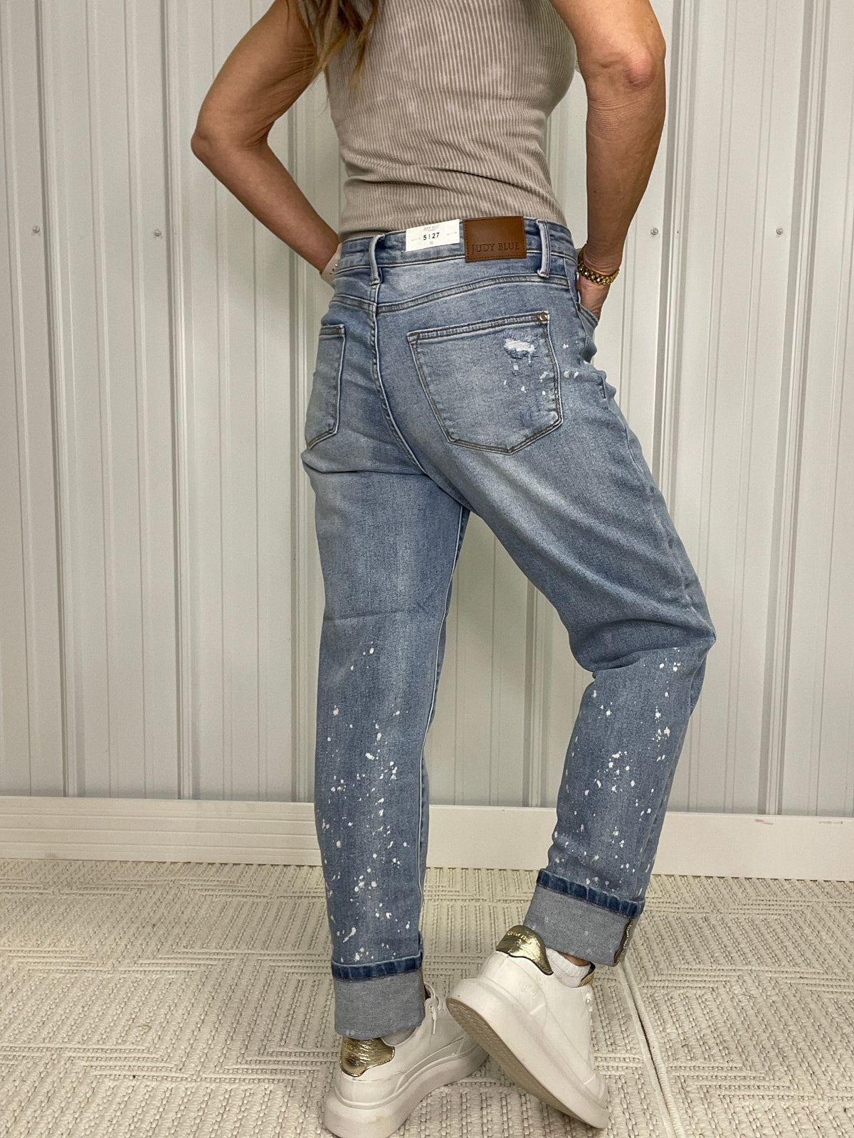 Judy Blue Victoria Bleach Splatter Single Cuff & Destroy Boyfriend Jeans 519 In Medium