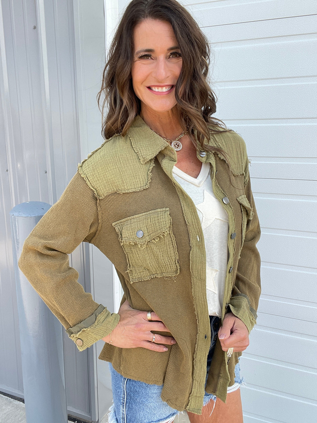 Pol Ready Set Go Thermal Knit And Gauze Button Front Shirt In 3 Colors: Ivory, Navy, Olive *Final Sale*