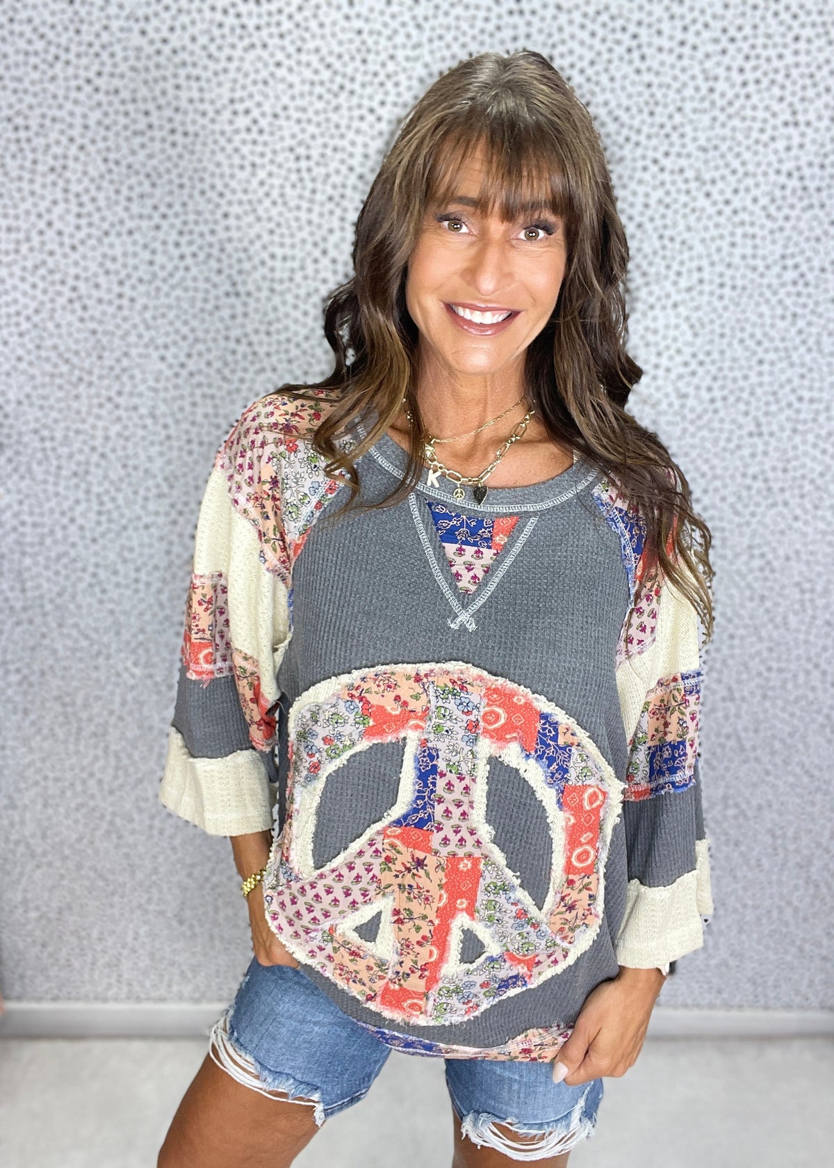 POL Patchwork Peace Times Top In Charcoal *Final Sale*