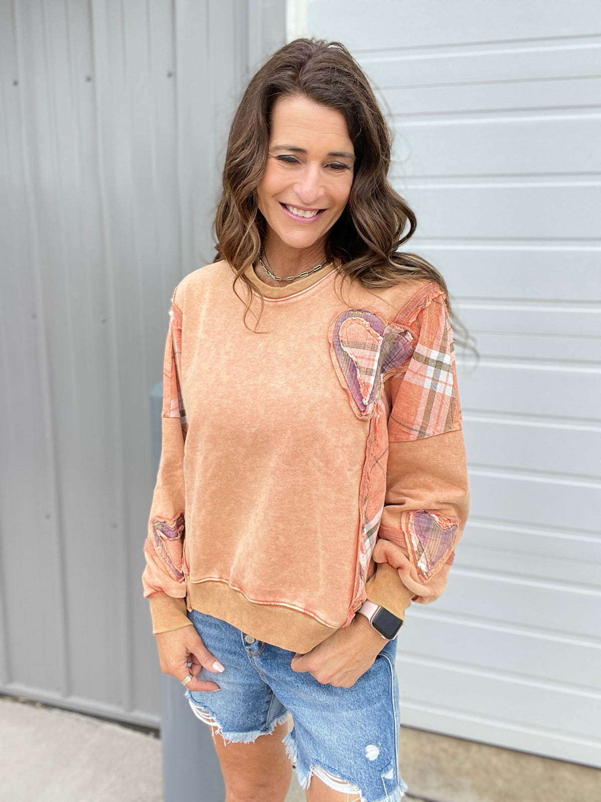 All My Heart Patch Mineral Washed Pullover In 2 Colors: Golden, Pumpkin