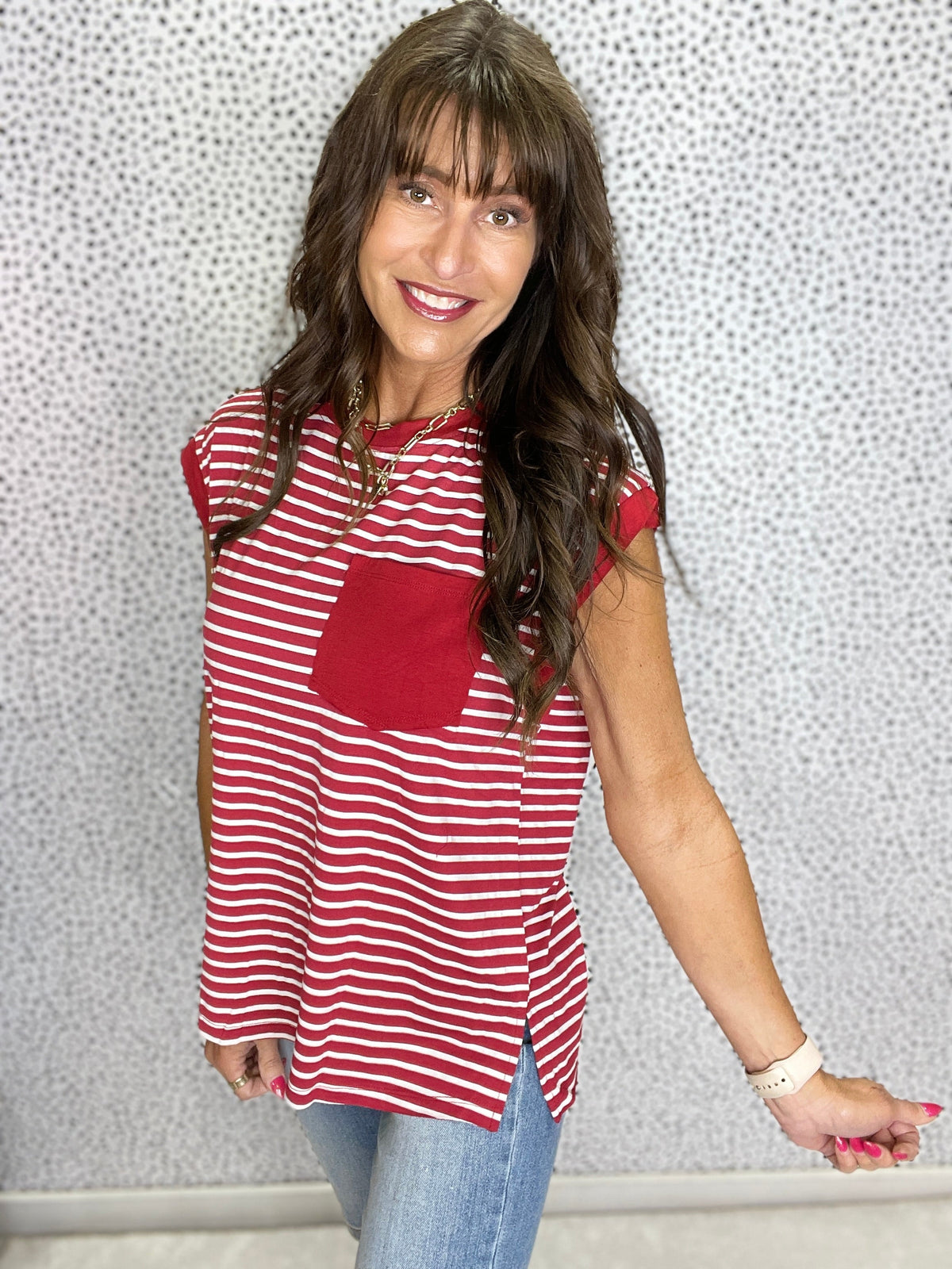 Gracie P Stripe Pocket Patch Round Neck Sleeveless Top in 2 Colors