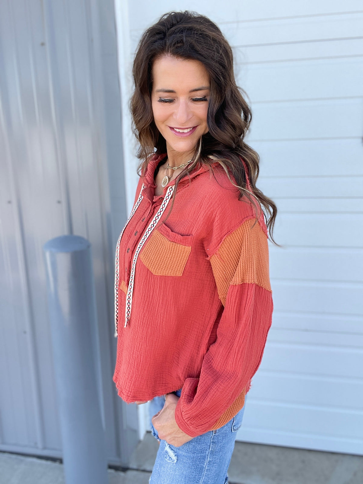 Pol Twenty Questions Woven Hoodie Top In Sunset *Final Sale*