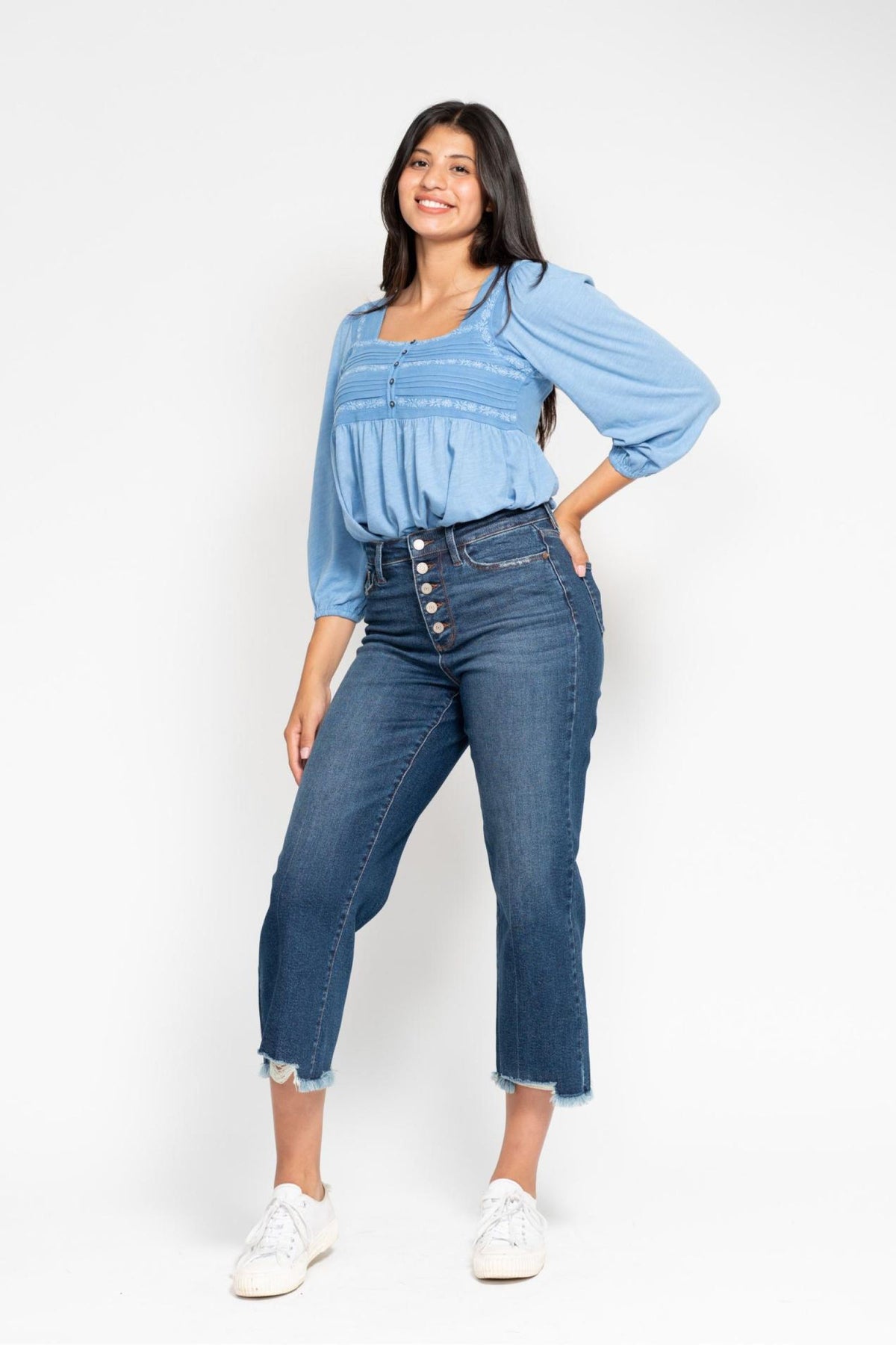 Judy Blue Hannah High Rise Button Fly Destroy Hem Crop Wide Jeans 887 In Medium
