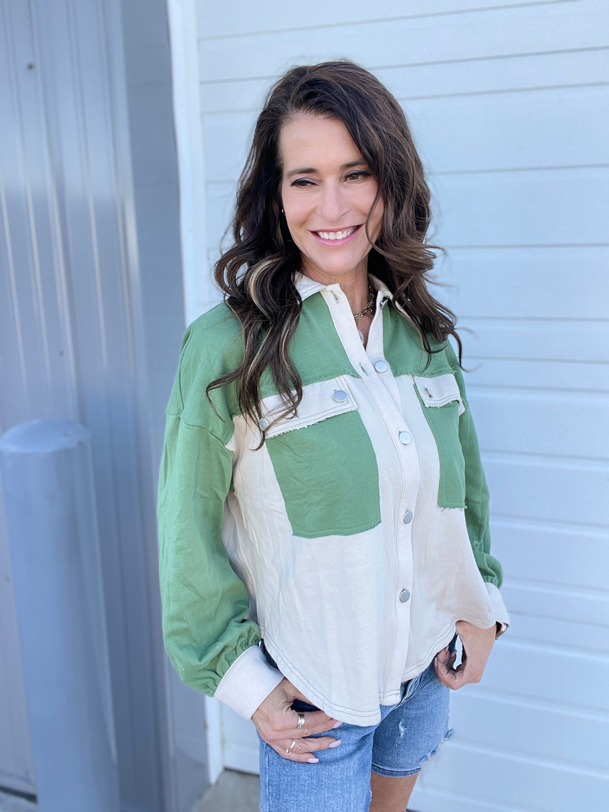 Urban Chill Colorblock Shacket In 2 Colors: Ash, Matcha