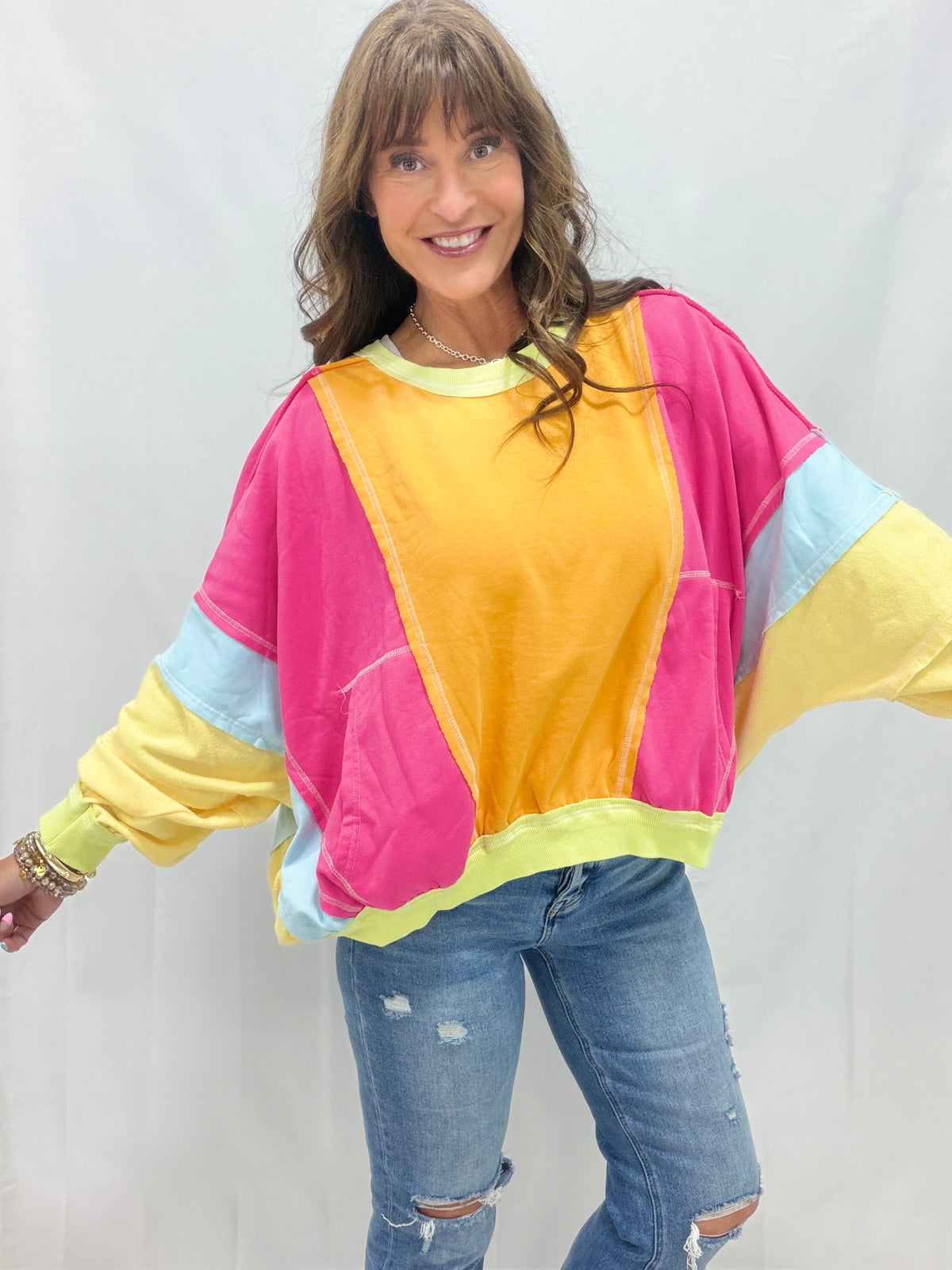 Comfy Babe Multi Color Yellow, Pink, Lime Raw Edge Terry Knit Pullover *Final Sale*