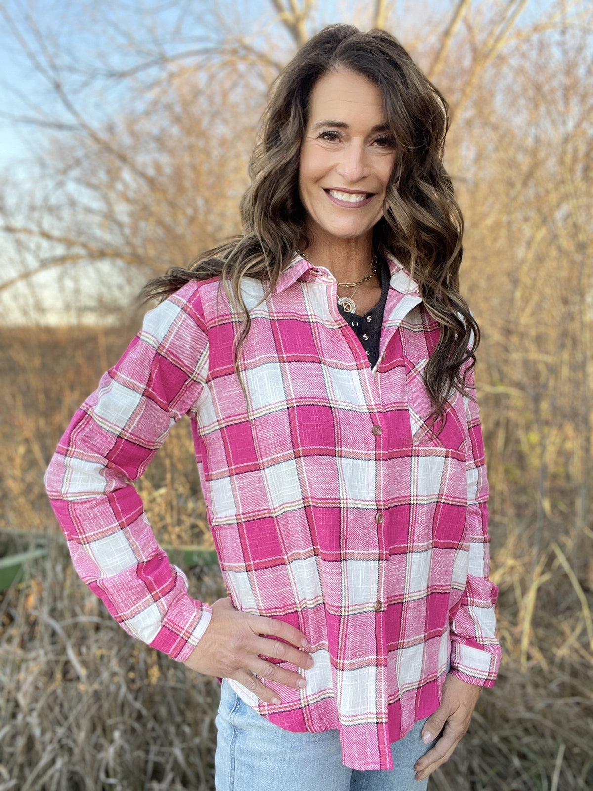 We Got You Plaid Button Up Shirt In 4 Colors: Pink, Camel, Teal, Purple *Final Sale*