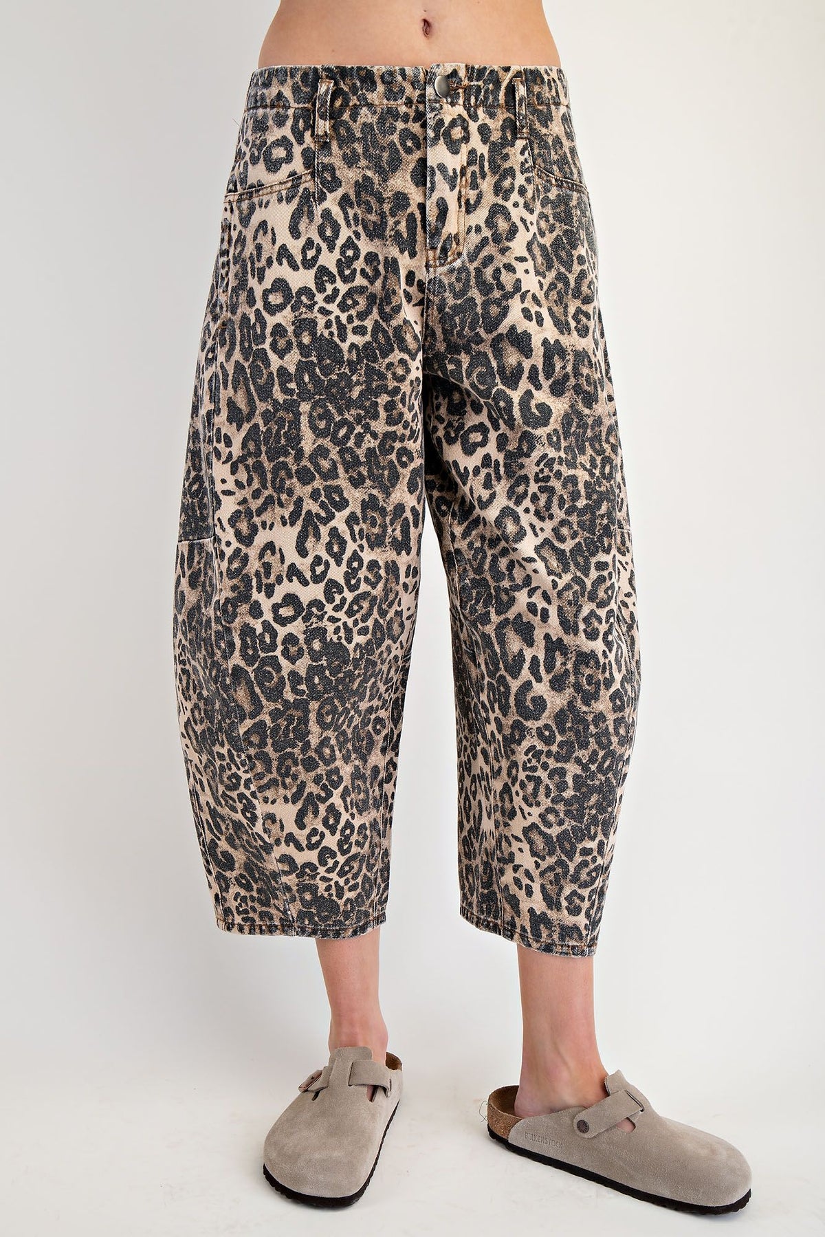 Feline Luxe Leopard Print Washed Twill Barrel Pants In Brown