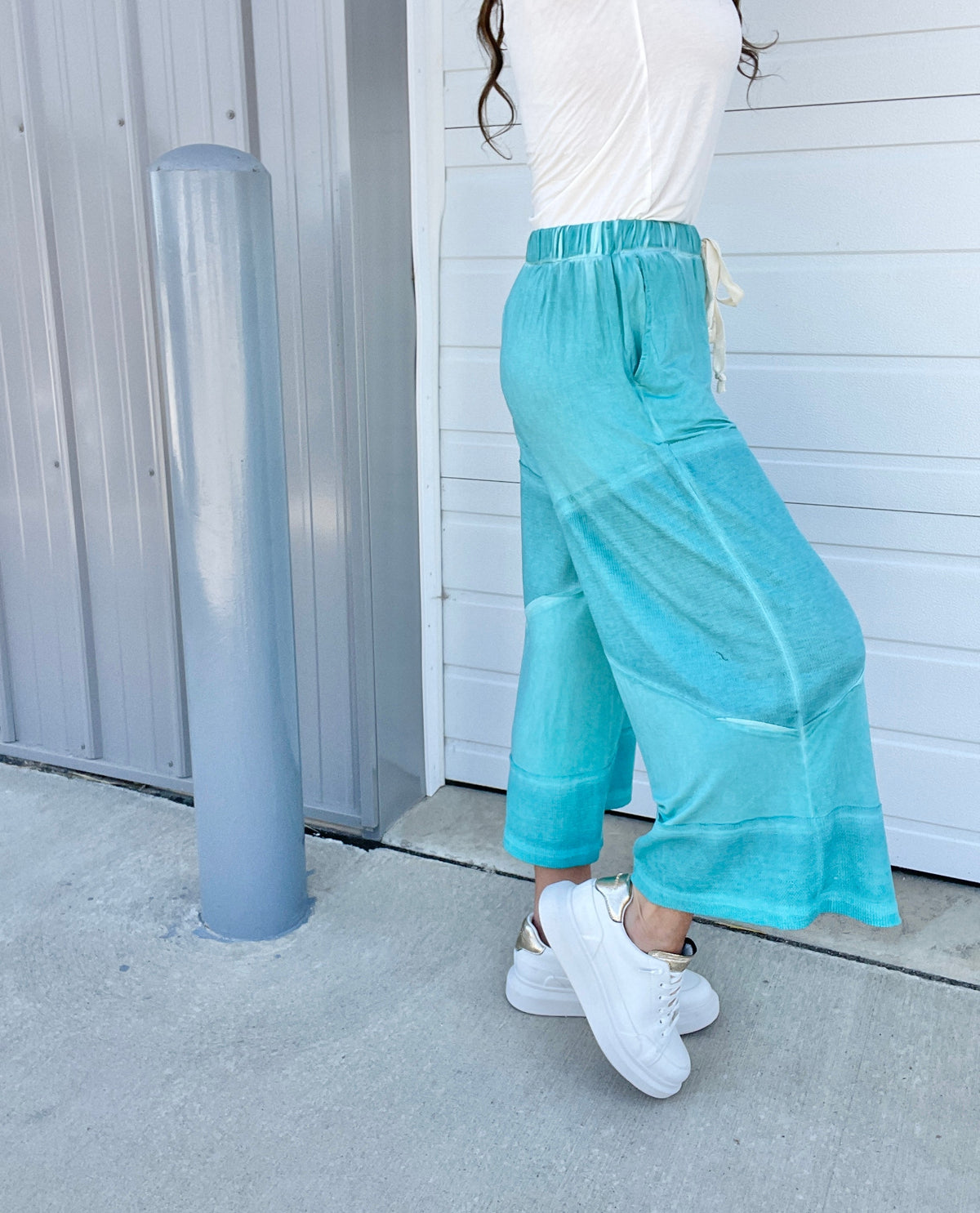 Pol Play Date Loose Wide Leg Cropped Pants In 7 Colors: Aqua, Lilac, Grey, Pink, Beige, Black, Desert Sage *Final Sale*