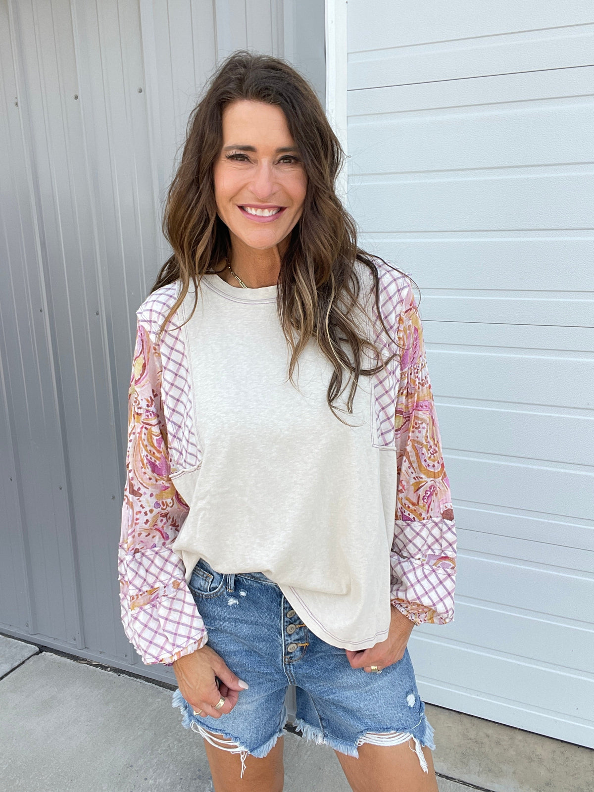 Show Me Around Mix Print Top In 5 Colors: Grey, Khaki, Camel, Olive, Mushroom *Final Sale*