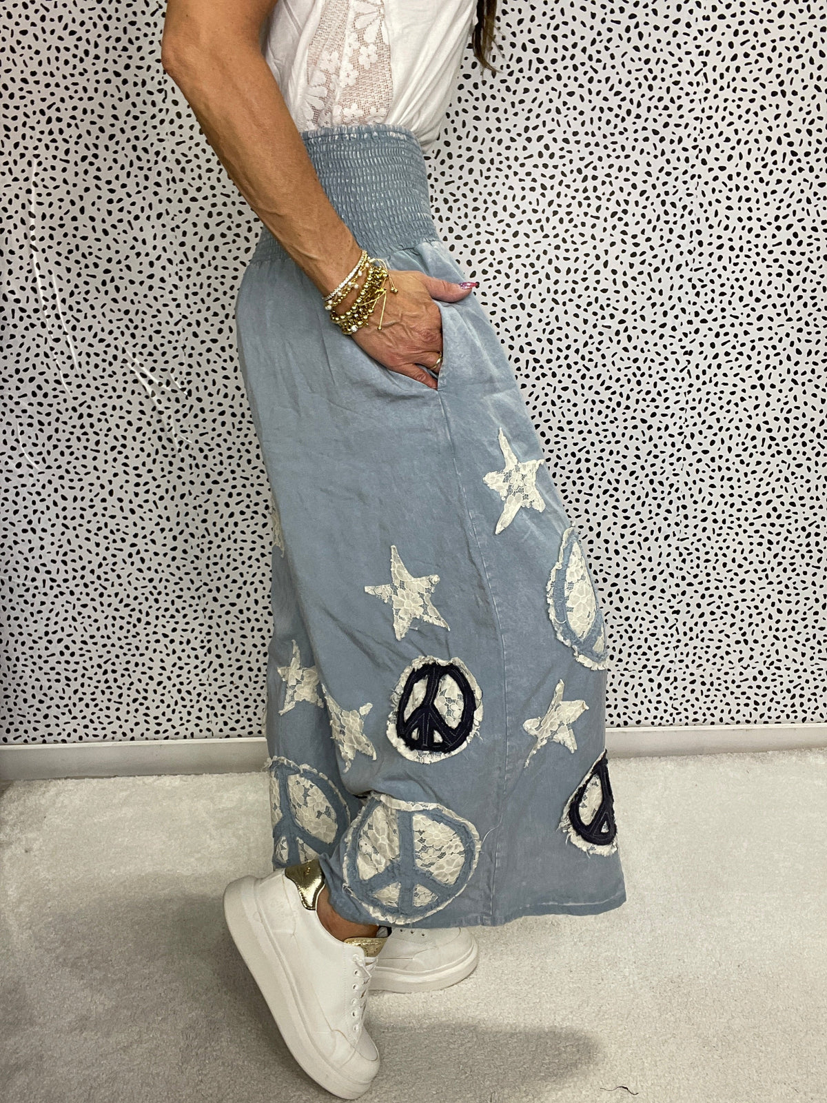 Oli & Hali Infinite Peace Washed Smocked Patchwork Pants In 2 Colors *Final Sale*