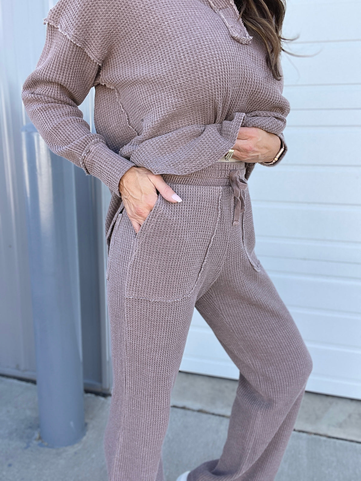 On To The Weekend Cotton Waffle Knit Straight Leg Casual Pants In 3 Colors: Black, Brown, Blue