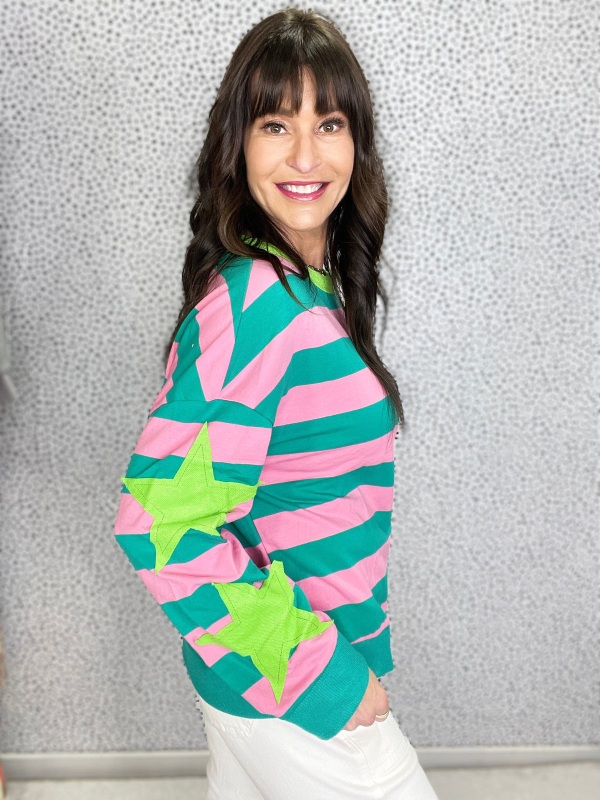 Wanna Be My Star Stripe With Star Patches Round Neck Pullover