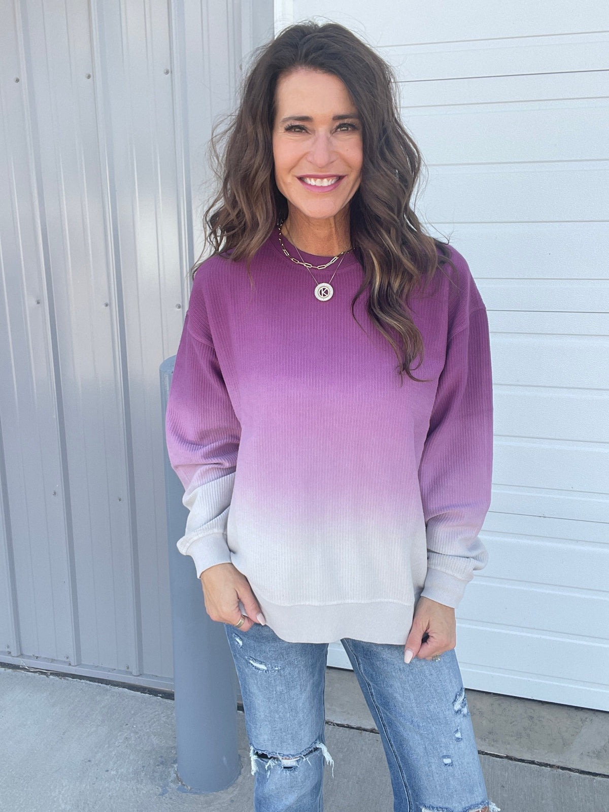Ombre Plum Ice Snow Washed Corded Crewneck Pullover Sweatshirt *Final Sale*