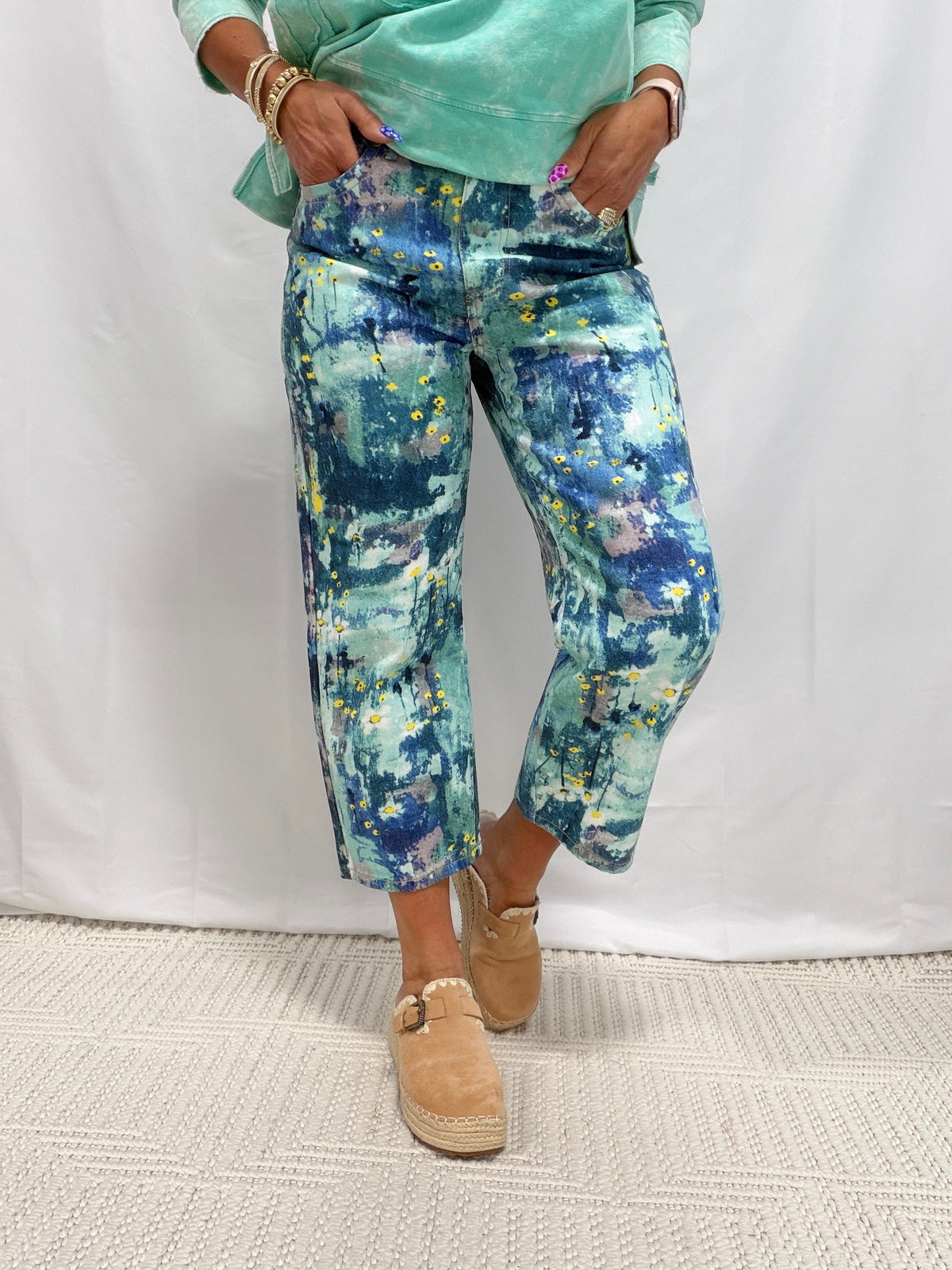 Oli & Hali Time To Fly Abstract Floral Print Jeans In Blue