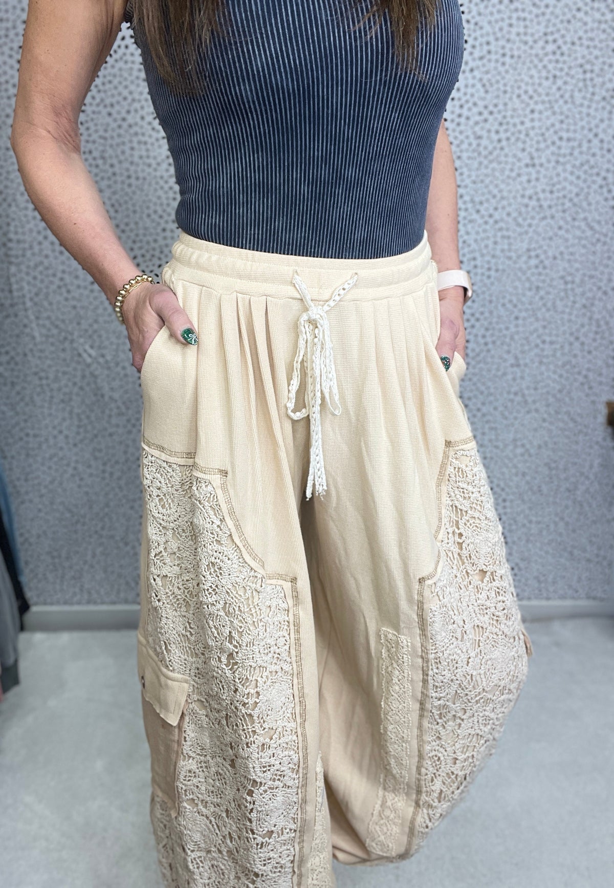 POL Give Me Your Best Crochet Mix Pants In 2 Colors: Almond, Black *Final Sale*