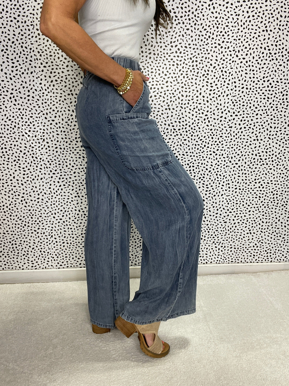 Count Out Loud Washed Chambray Wide Pants In 2 Colors