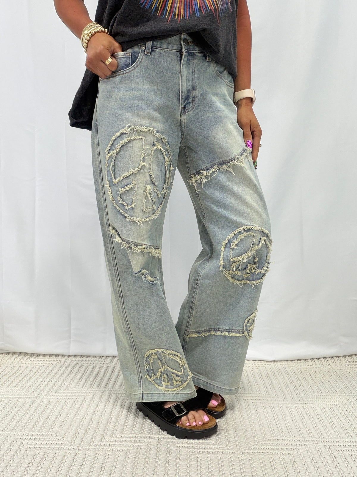 Groovy Peace Patch Jeans In Denim