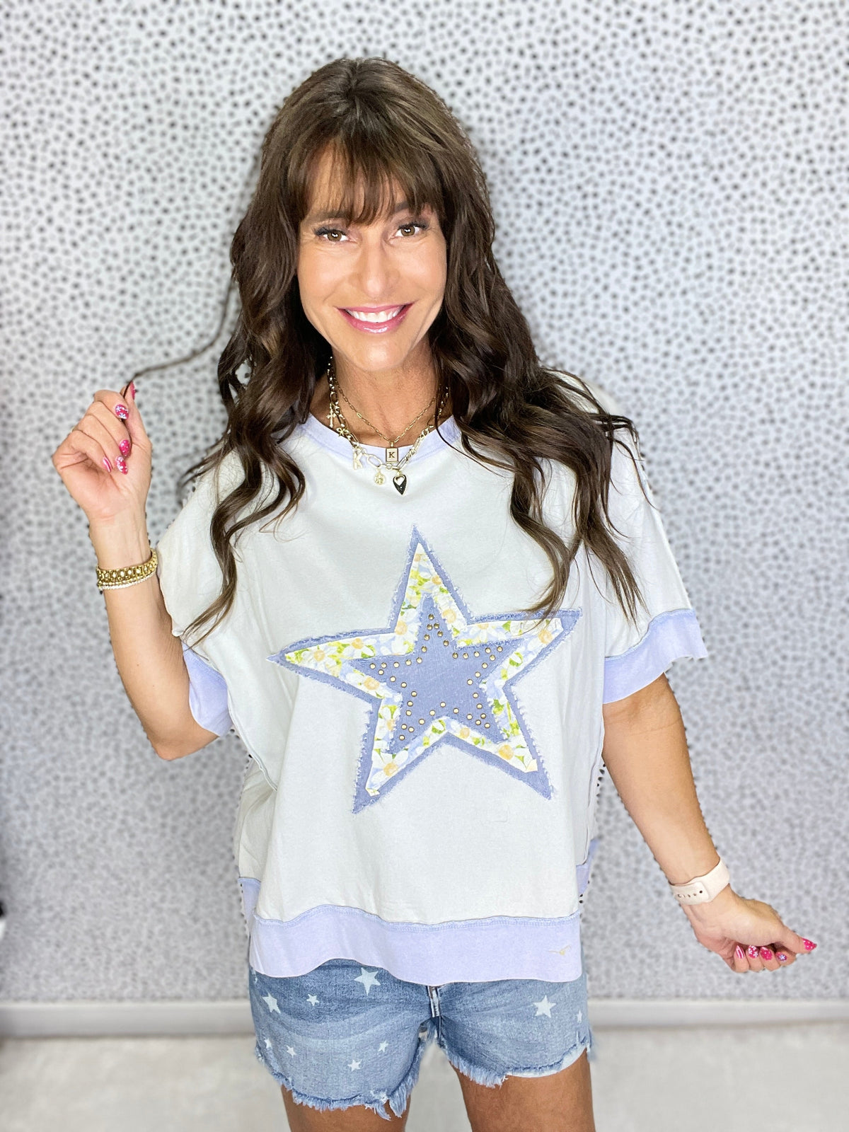 Star Studded Mineral Wash Knit Top In Blue *Final Sale*