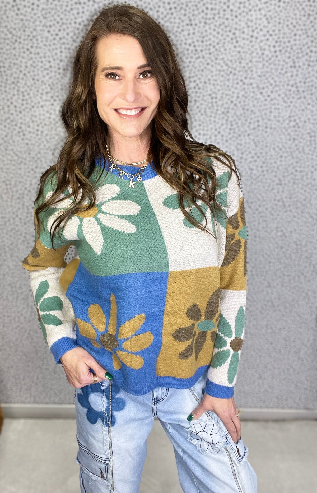 Happy Girl Flower Color Block Sweater In 3 Colors *Final Sale*