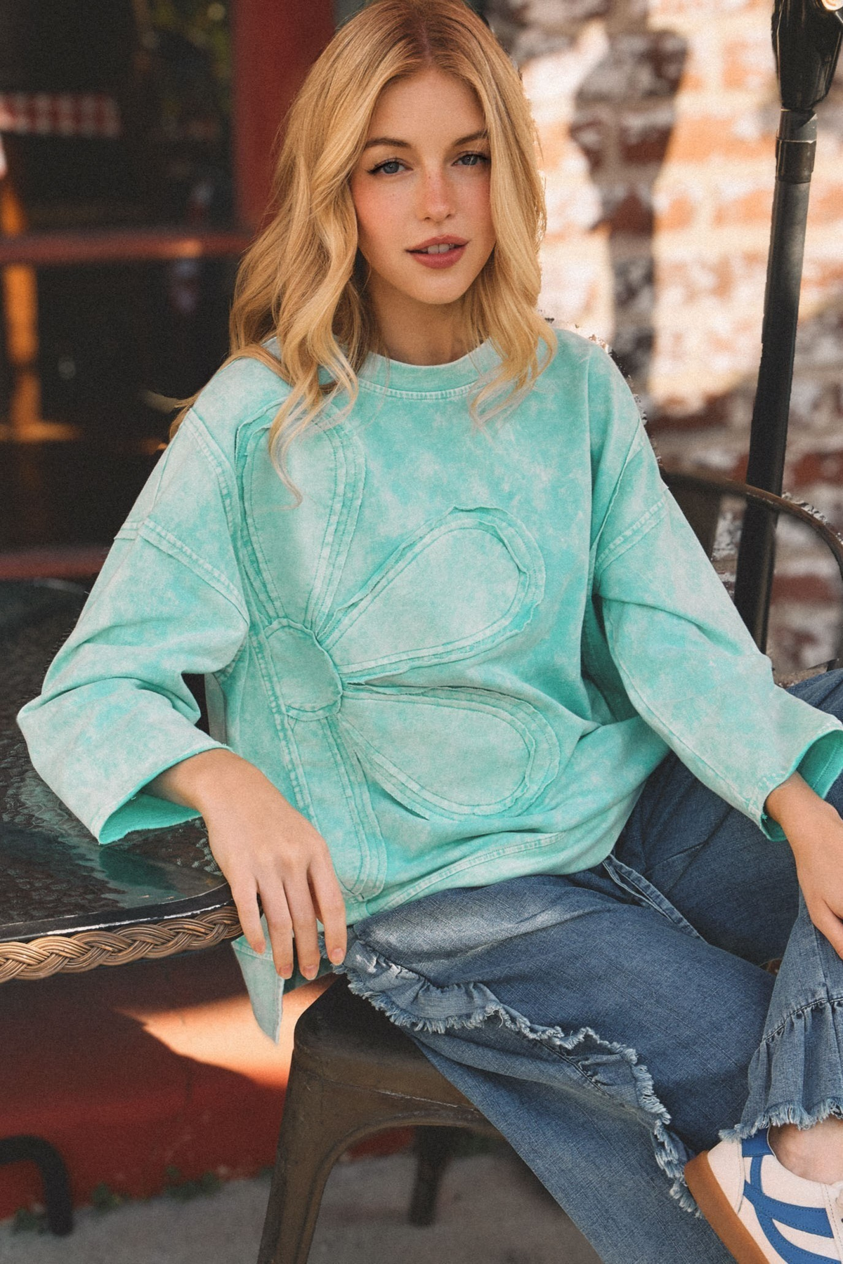 Garden Drive Oversized Long Sleeve Sweatshirt In Aqua