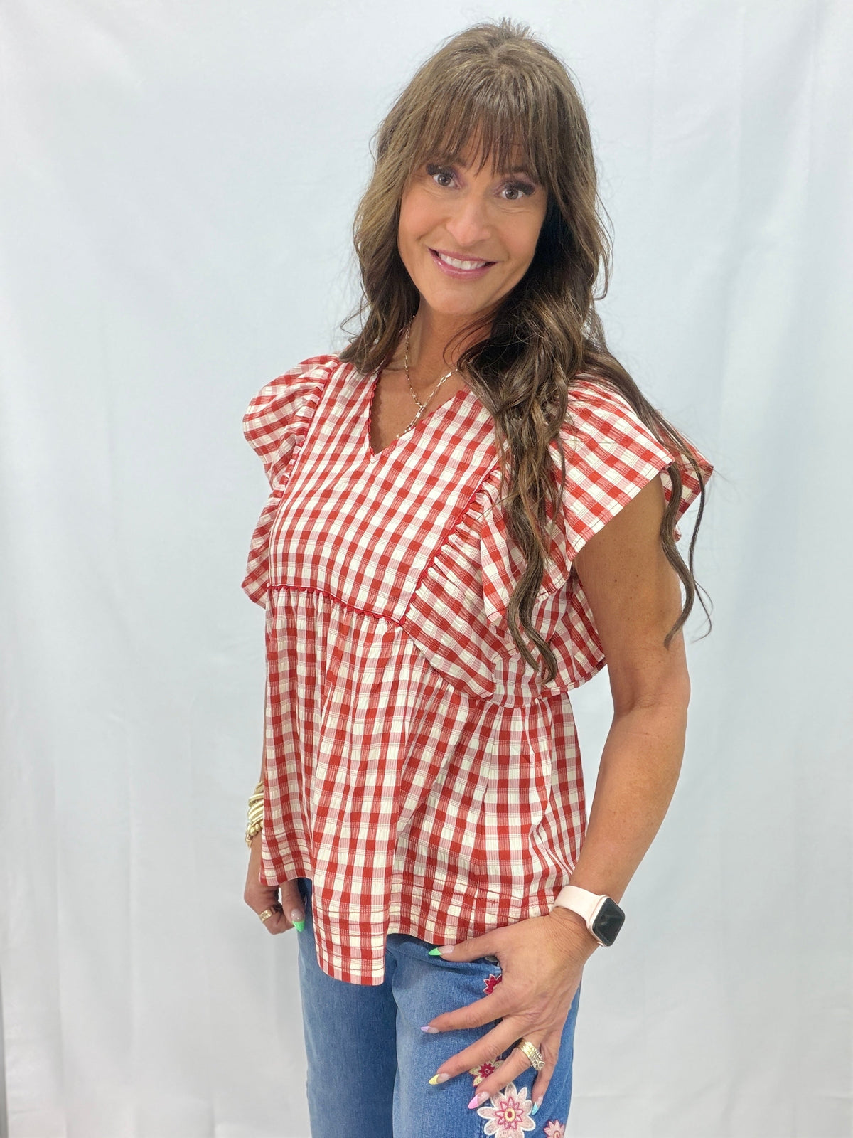 Find The Clues Gingham Babydoll Top In Red