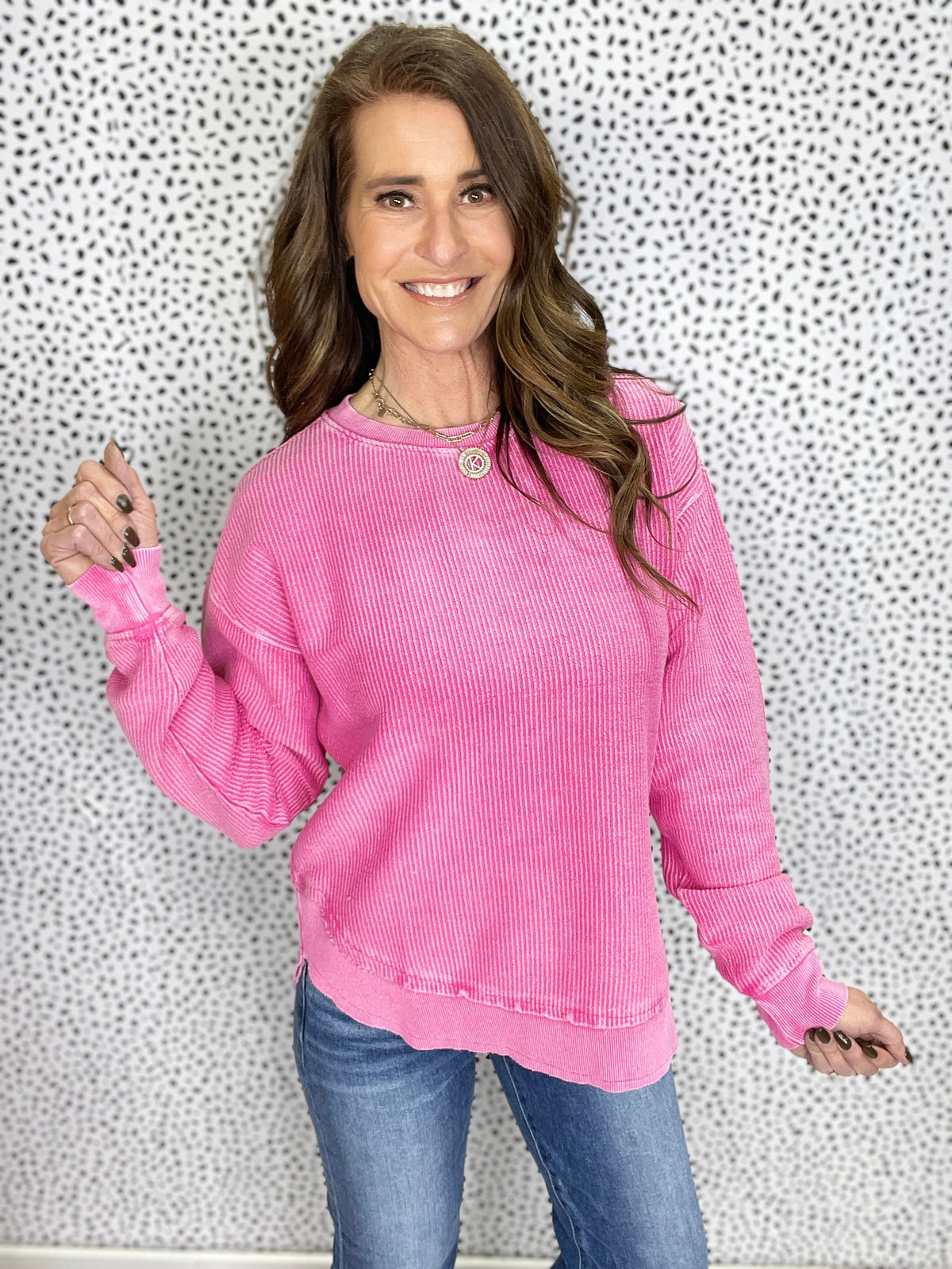 Round Bottom Hem Snow Washed Corded Crewneck In 5 Colors