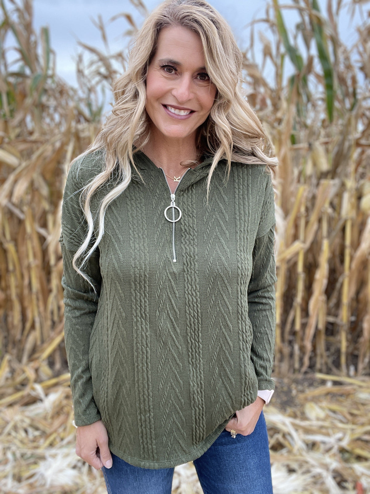 Evergreen And Ivy Textured Quarter Zip Hoodie Top *Final Sale*