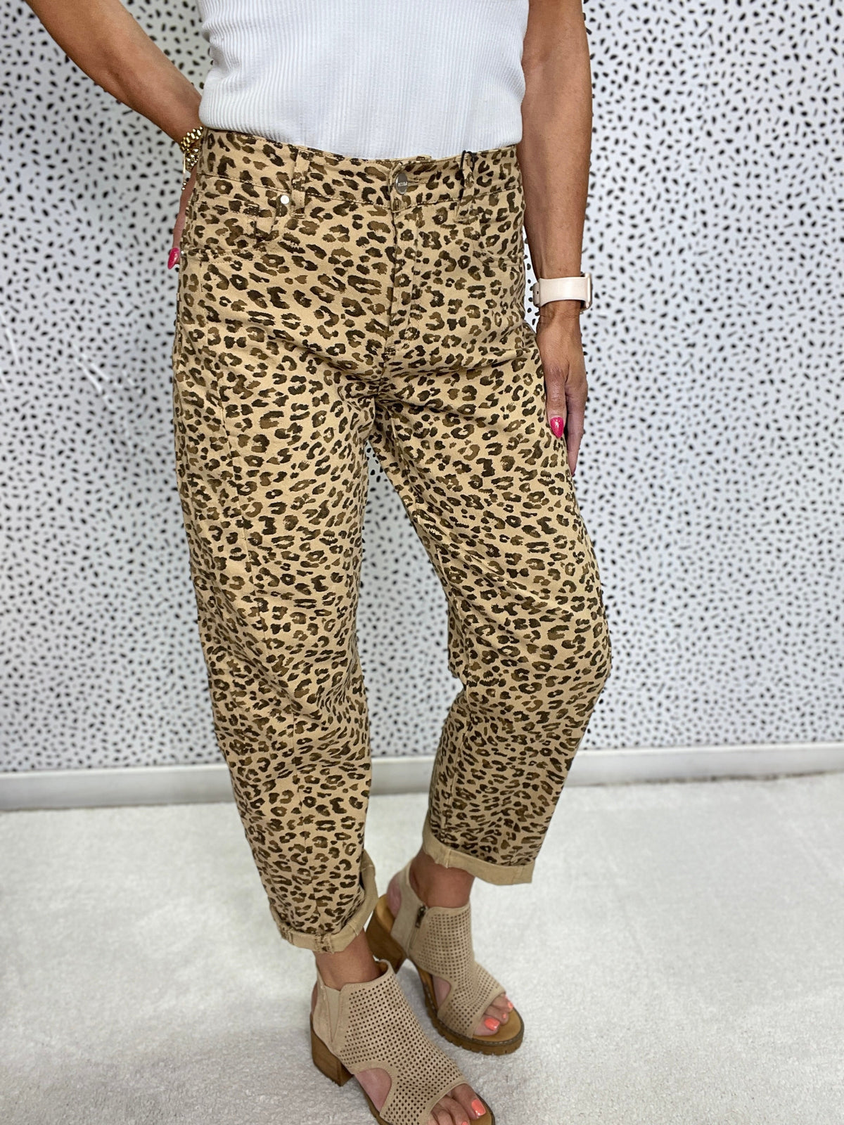 Risen Donna High Rise Crop Barrel Leopard Cuffed Jeans 146 In Camel