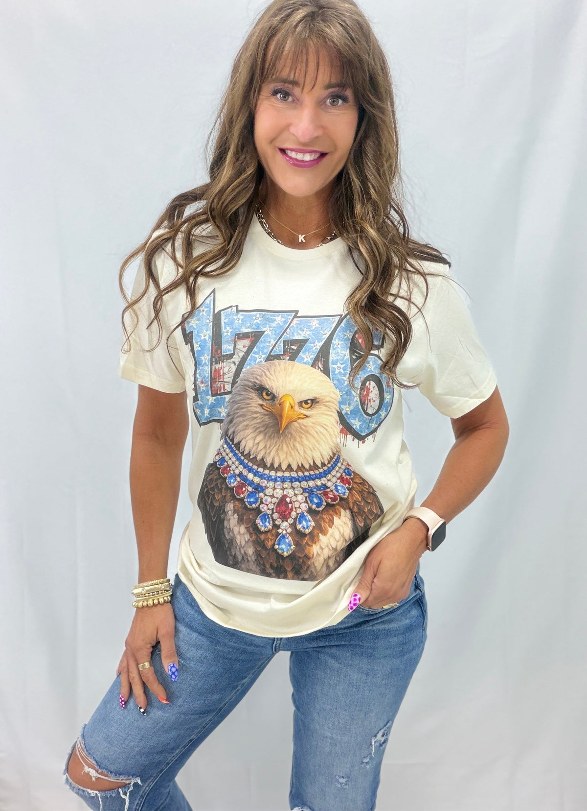 1776 Eagle Crystal Bling Graphic Tee In Cream *Final Sale*