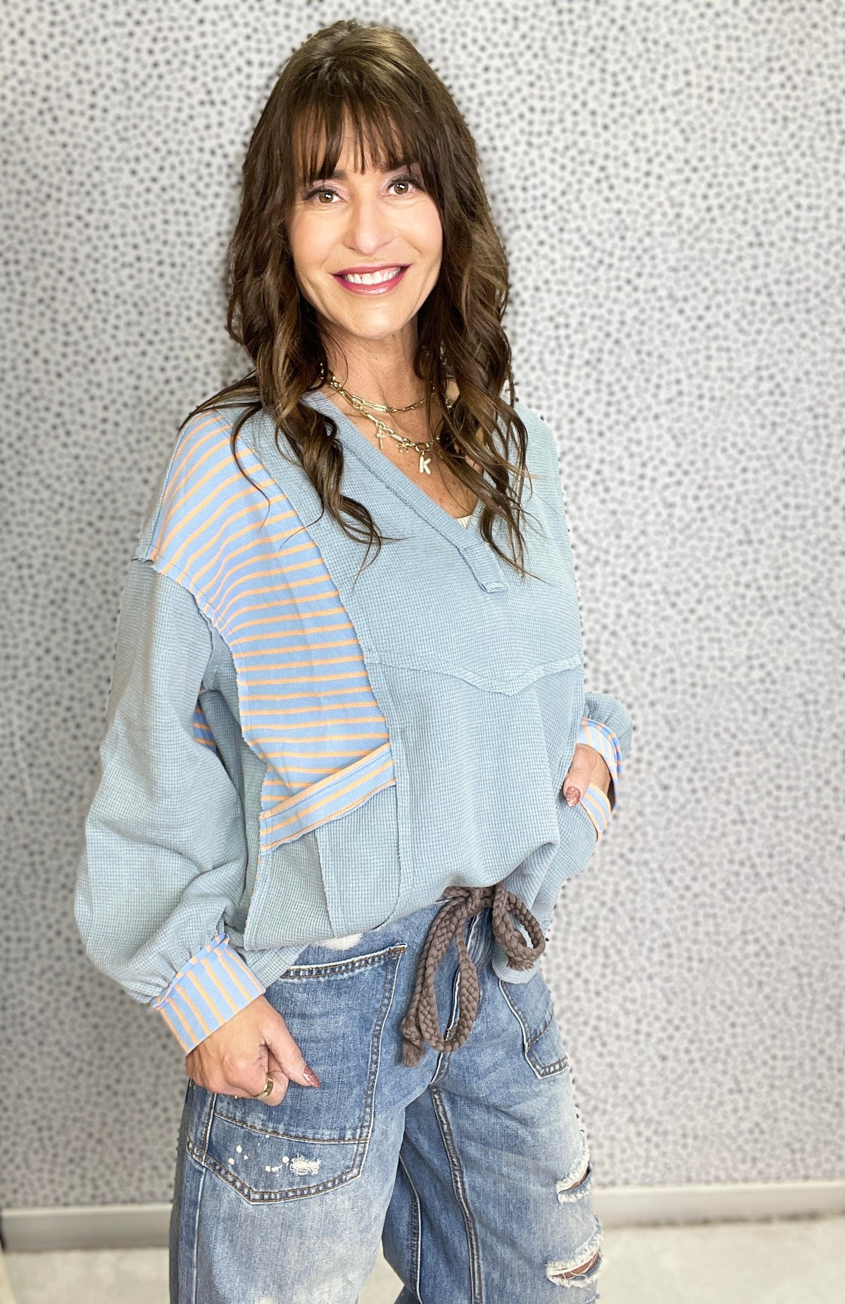 POL Woven Whimsy V-Neck Long Sleeve Top In Blue *Final Sale*