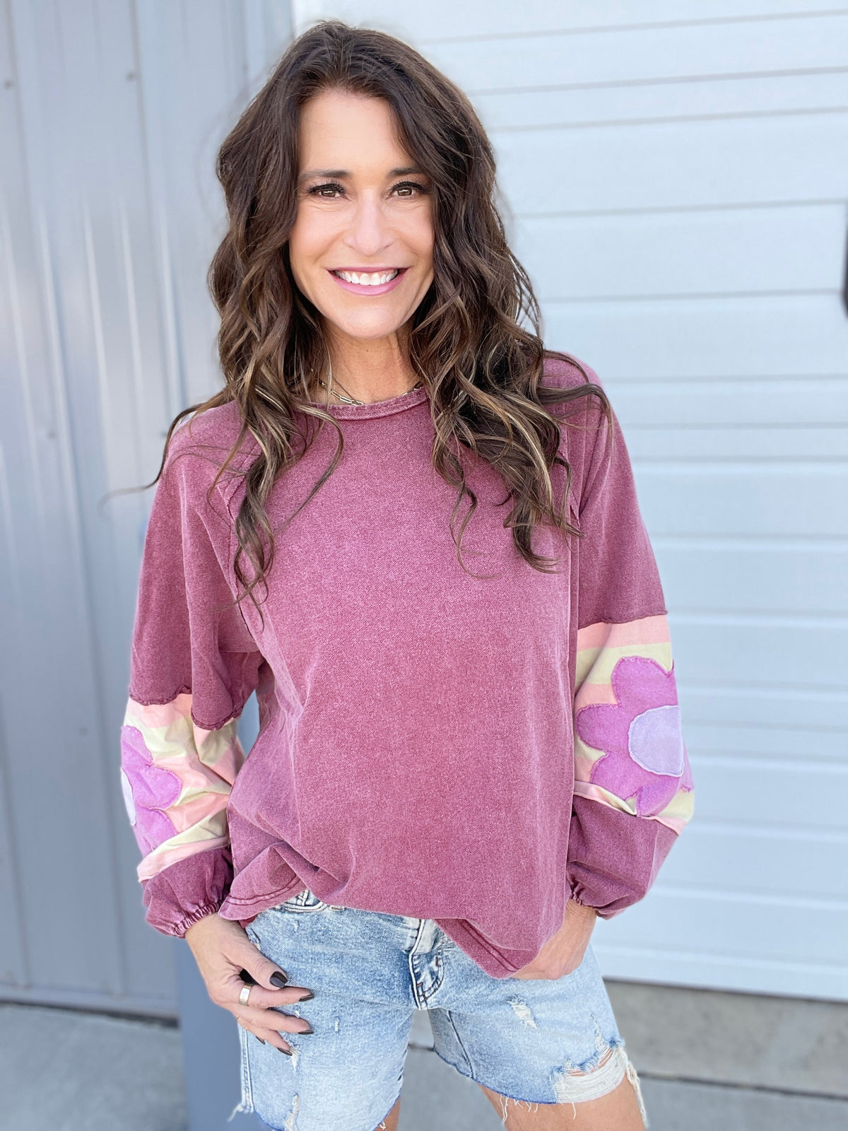 Faded Floral Patch Terry Knit Mineral Washed Long Sleeve Pullover in 4 Colors