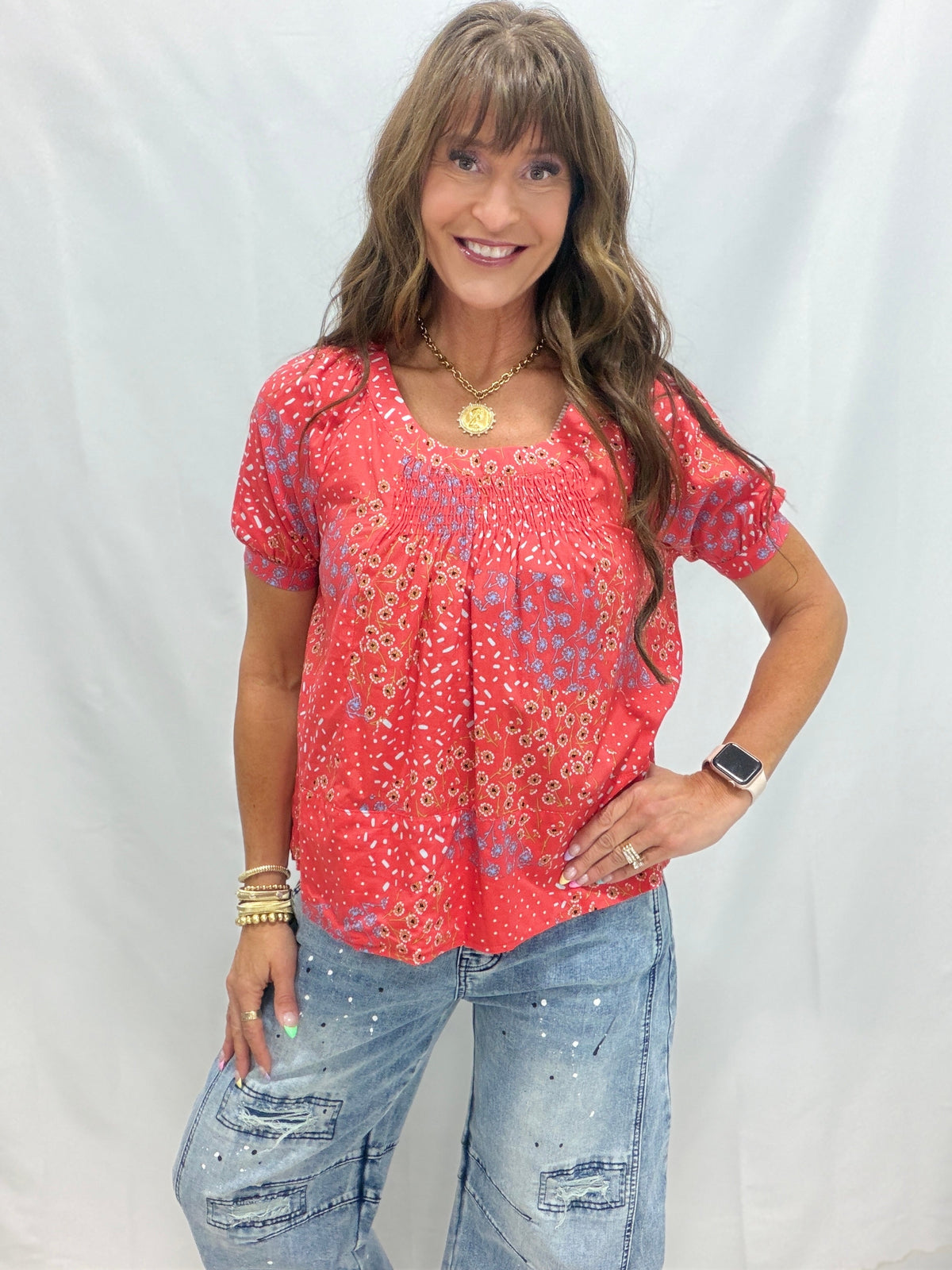 Printed Cotton-Lawn Woven Top In Red