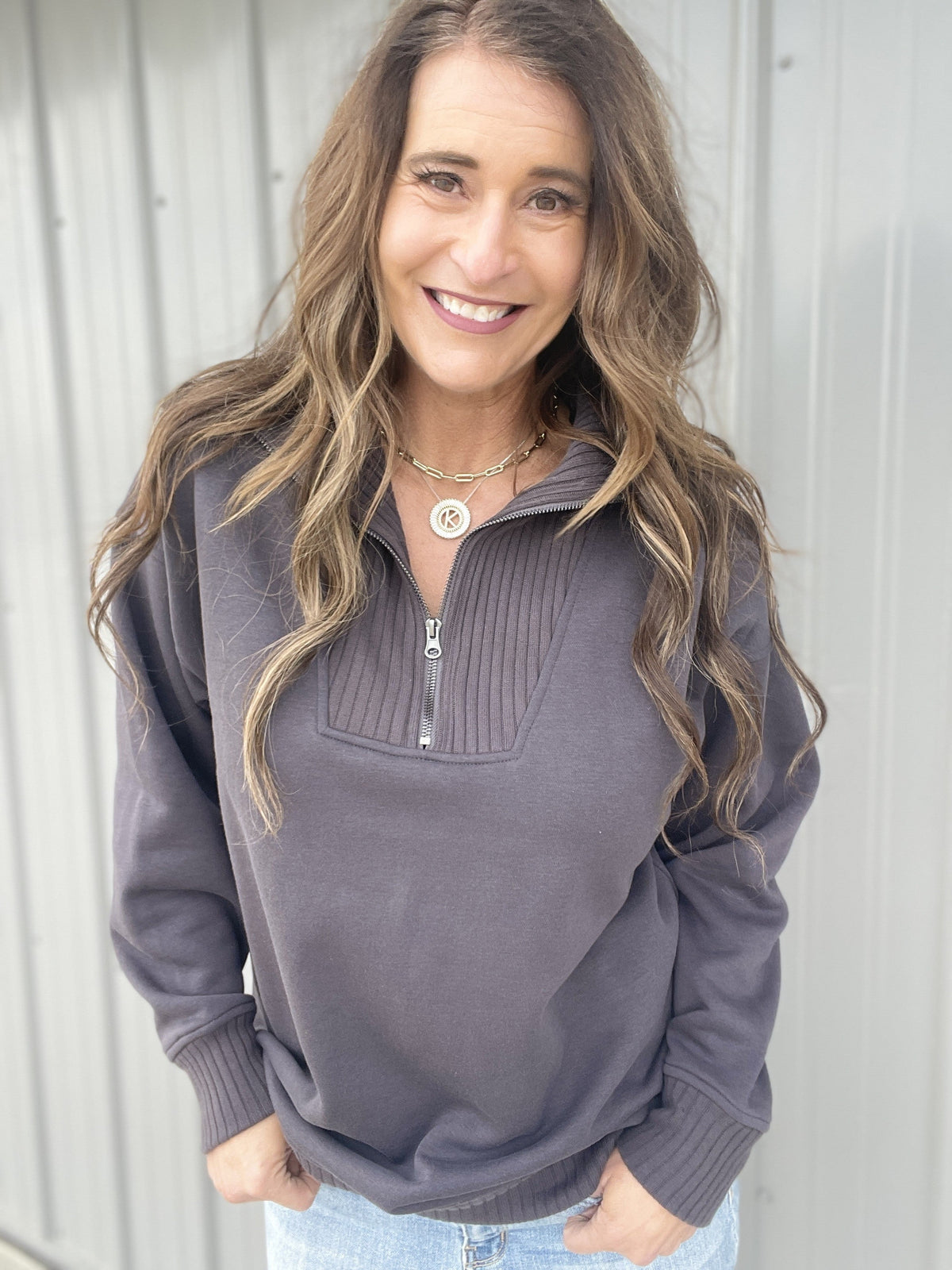 Connect With Me Ribbed Details Quarter Zip Pullover