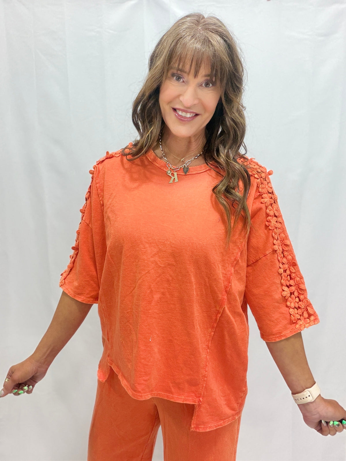 Petal Pusher Mineral Washed Flower Trim Lounge Top In 4 Colors