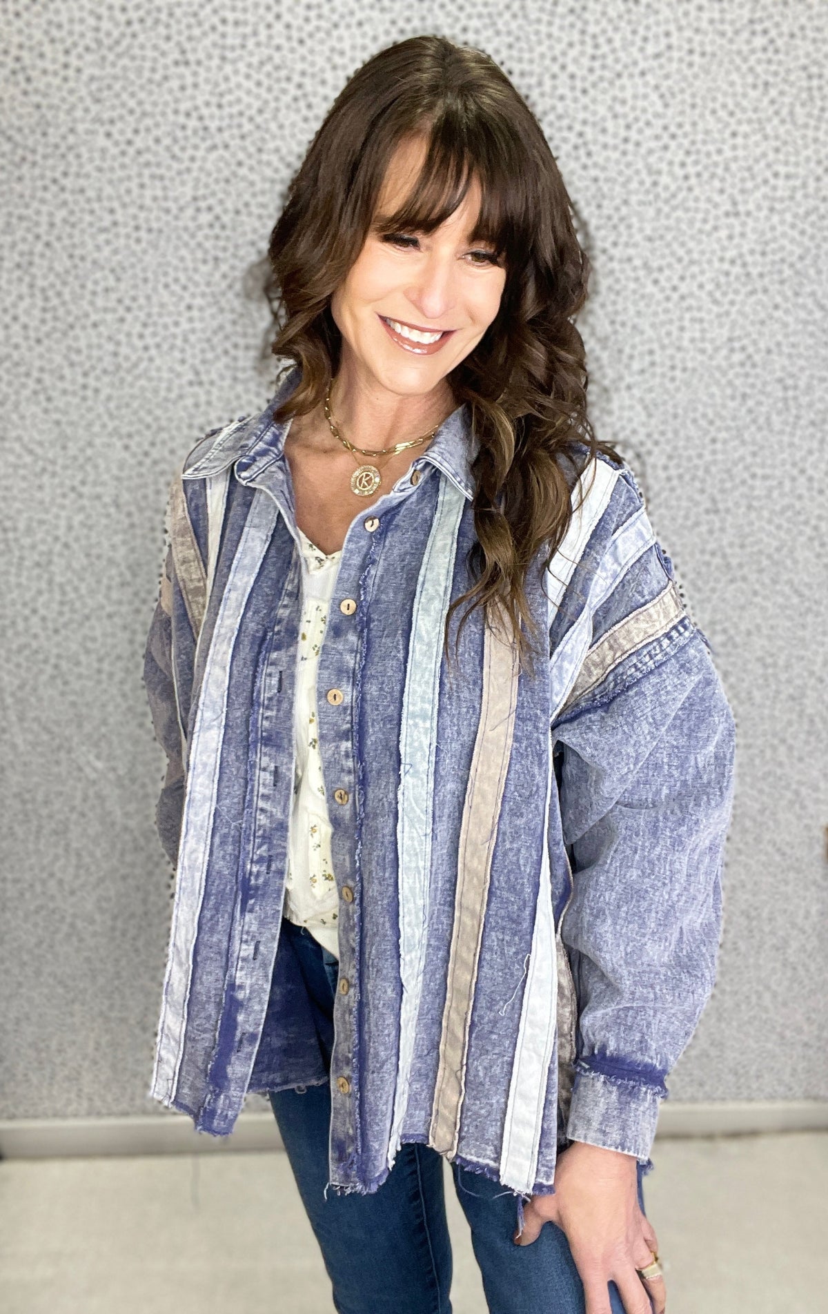 Oli & Hali Steal Your Thunder Stripe Button Down Top In Denim *Final Sale*