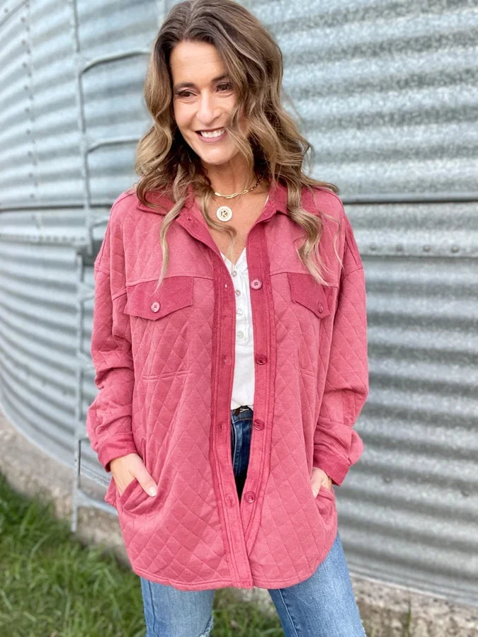 All I Need Oversized Quilted Knit Shacket In Marsala *Final Sale*