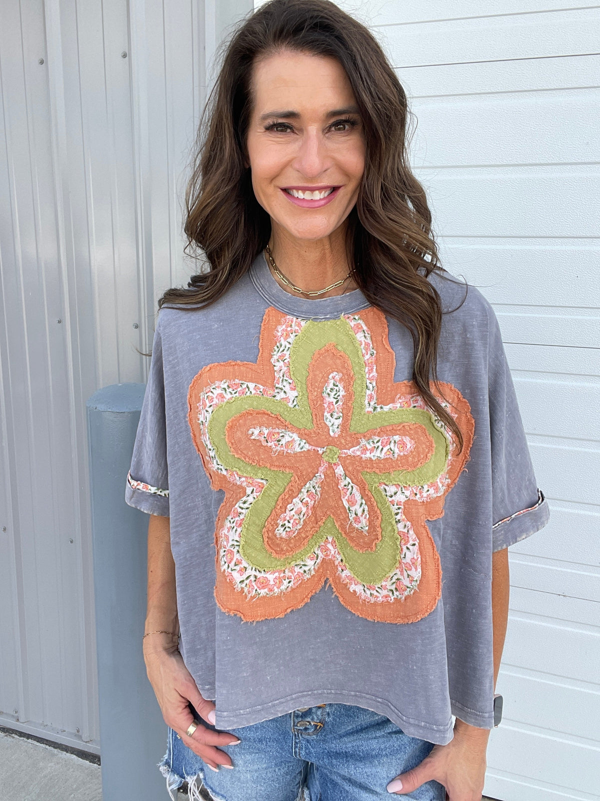 Bloom With Love Flower Patch Top In 6 Colors: Cream, Khaki, Slate, Magenta, Green, Pink *Final Sale*
