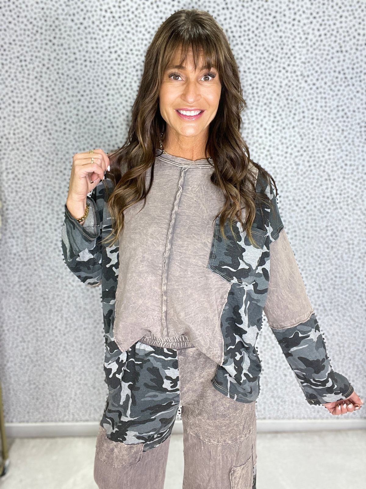 Street Scout Camouflage Block Patch Top In Charcoal *Final Sale*
