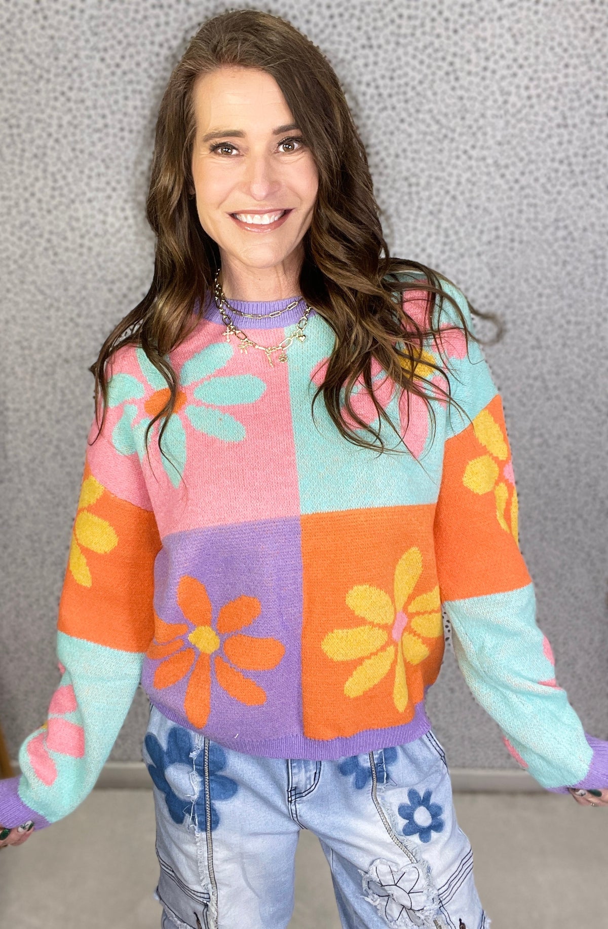 Happy Girl Flower Color Block Sweater In 3 Colors *Final Sale*