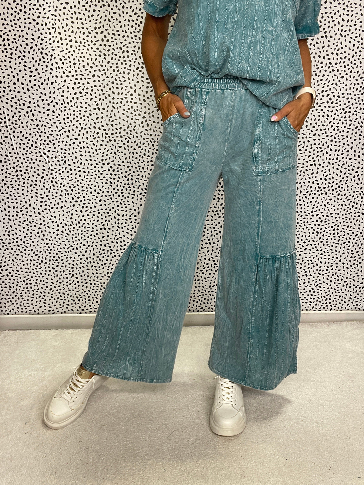 Mineral Washed Floral Eyelet Tiered Wide Leg Pants in 2 Colors *Final Sale*