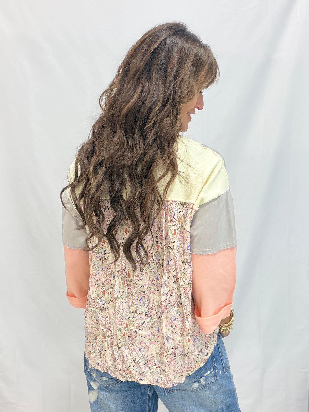Boho Bliss Print Mix Color Block Terry Knit Henley In 3 Colors