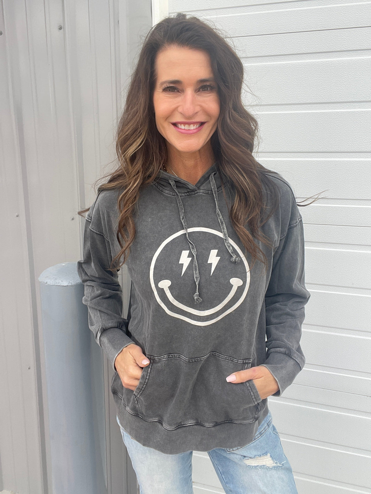 Happy All Around Mineral Washed Hoodie In 4 Colors: Camel, Coral, Smoke, Blue *Final Sale*